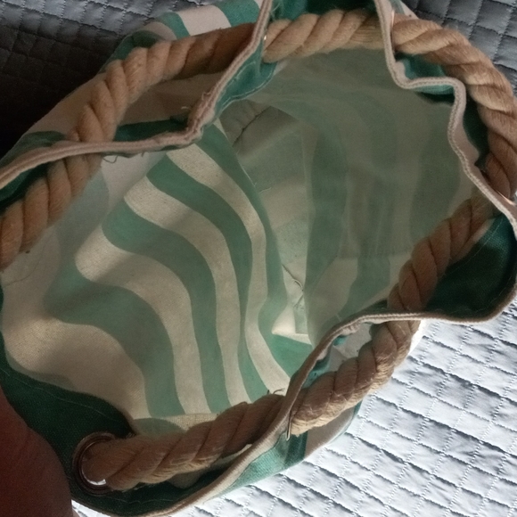 Teal and white striped canvas and Rope beach bag - Picture 5 of 7